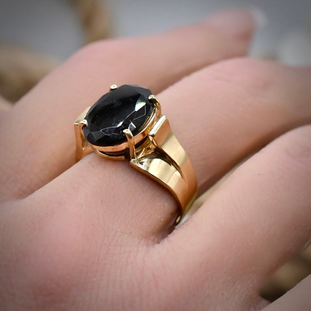 Vintage 14k Yellow Gold Black Onyx Ring Faceted Split Shank Estate Fine Size 7.5
